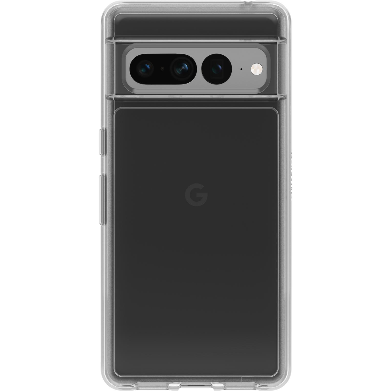 Transparente Handyhülle mit schwarzer Rückseite. Zwei Linsen sichtbar. Google Logo.