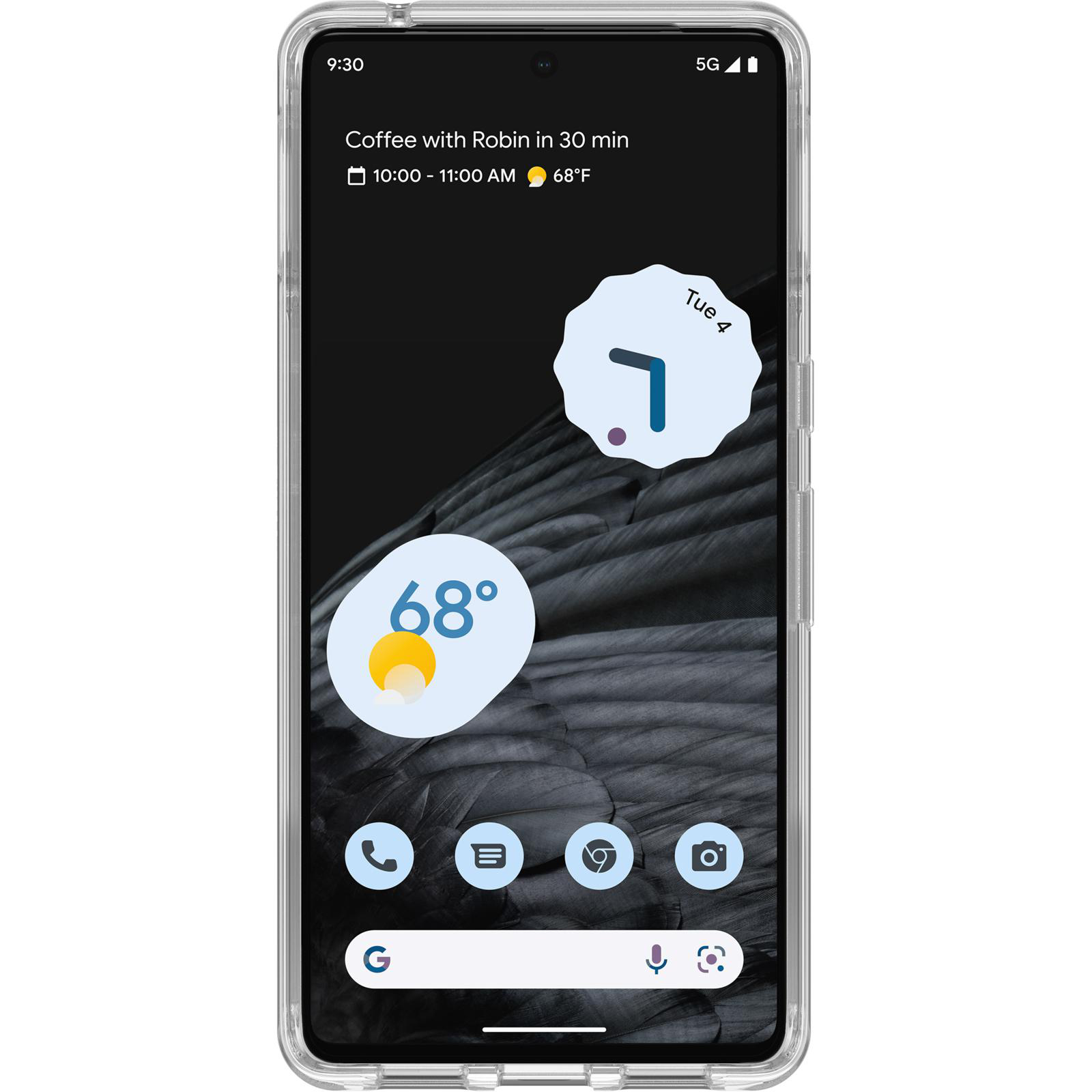 Ein Smartphone, das Zeit, Wetter und App-Symbole anzeigt. Es befindet sich in einer transparenten Hülle.