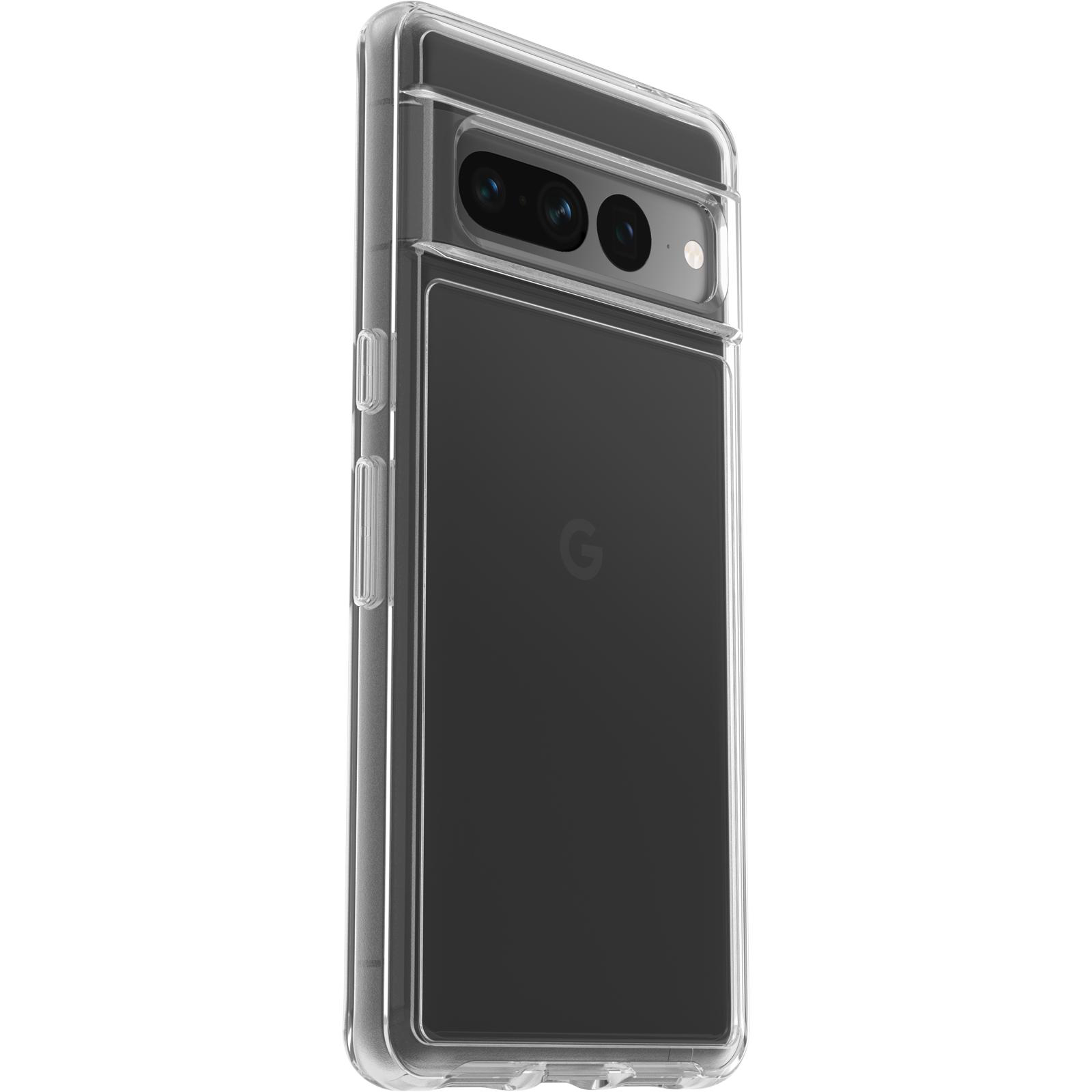 Eine transparente Handyhülle auf einem schwarzen Telefon mit zwei Kameras.