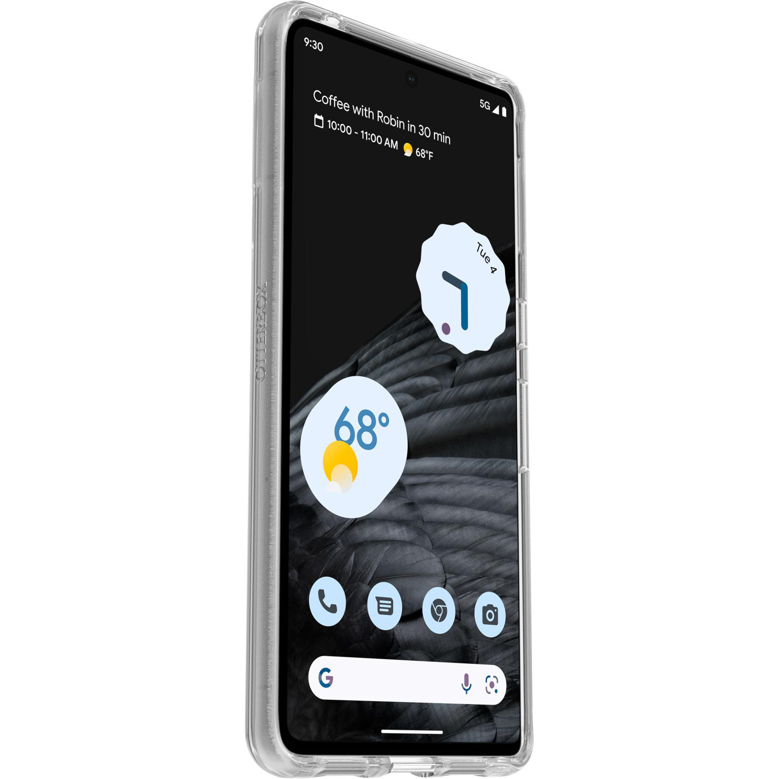 Ein Smartphone in einer durchsichtigen Schutzhülle, das Zeit, Wetter und App-Symbole zeigt.