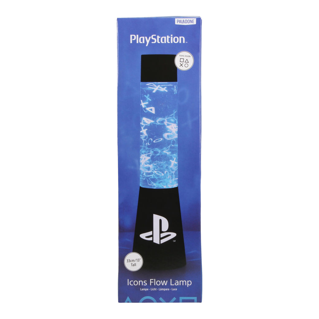 PlayStation-Flow-Lampe in einer Box, blaue Flüssigkeit innen.