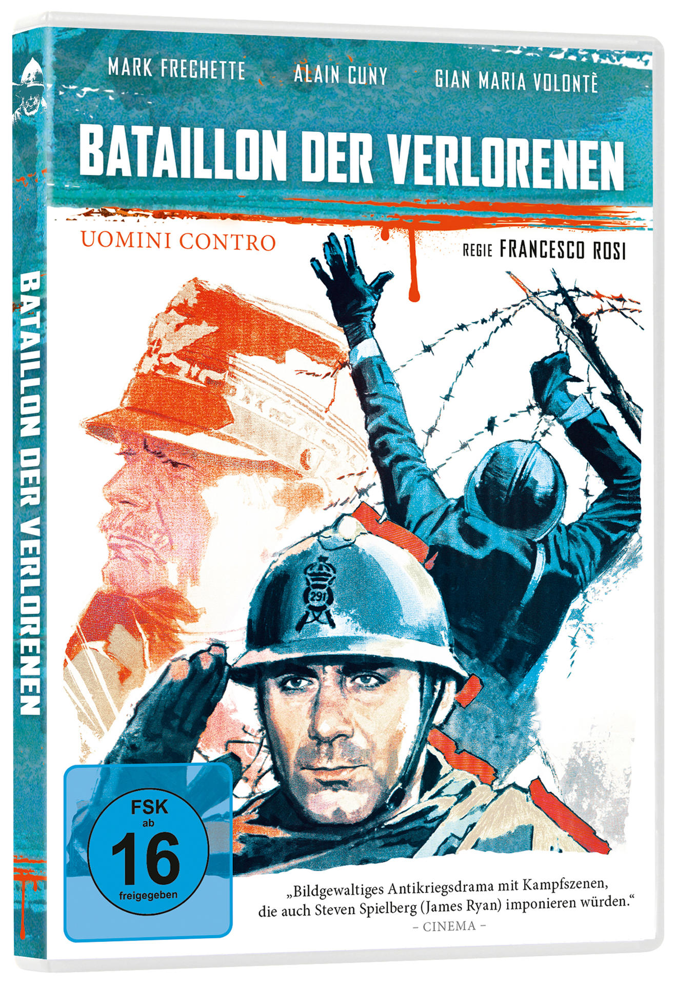 Eine DVD-Hülle für 'Bataillon Der Verlorenen' mit einer Kriegsszene, einem Soldaten und dem Titel auf Deutsch.