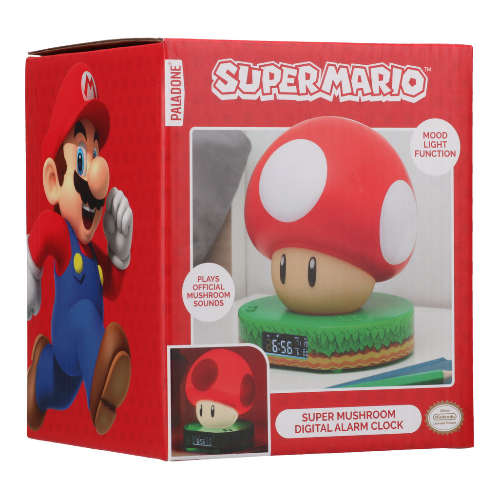 Ein Super Mario Pilz Wecker. Die Box zeigt Mario und die Uhr. Rot und weiß.