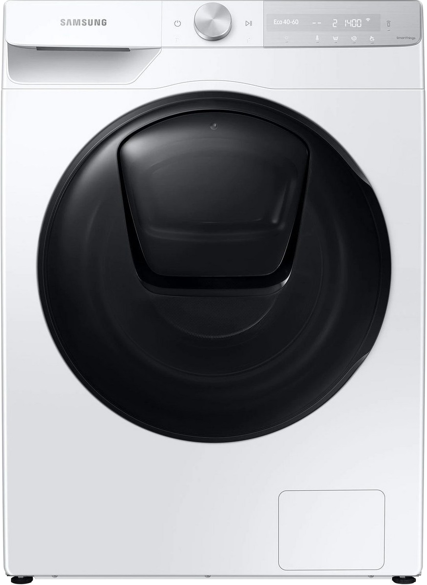 Egy fehér Samsung mosógép fekete ajtóval. A tetején egy vezérlőpanel található.
