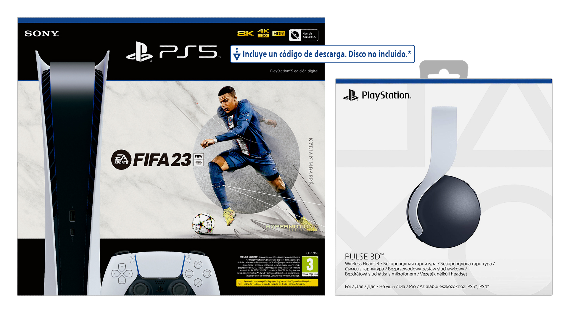 Consola - Sony PS5 Digital Edition C, 825GB, 4K HDR, Blanco + Auriculares gaming Pulse 3D + Juego FIFA 23 (Código de descarga)