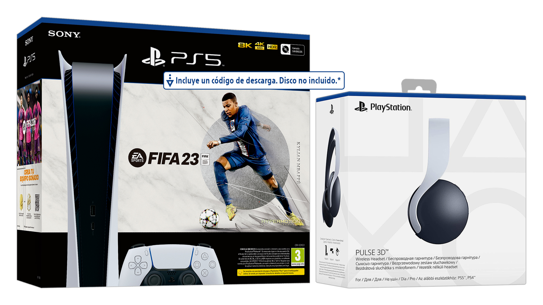 Consola - Sony PS5 Digital Edition C, 825GB, 4K HDR, Blanco + Auriculares gaming Pulse 3D + Juego FIFA 23 (Código de descarga)