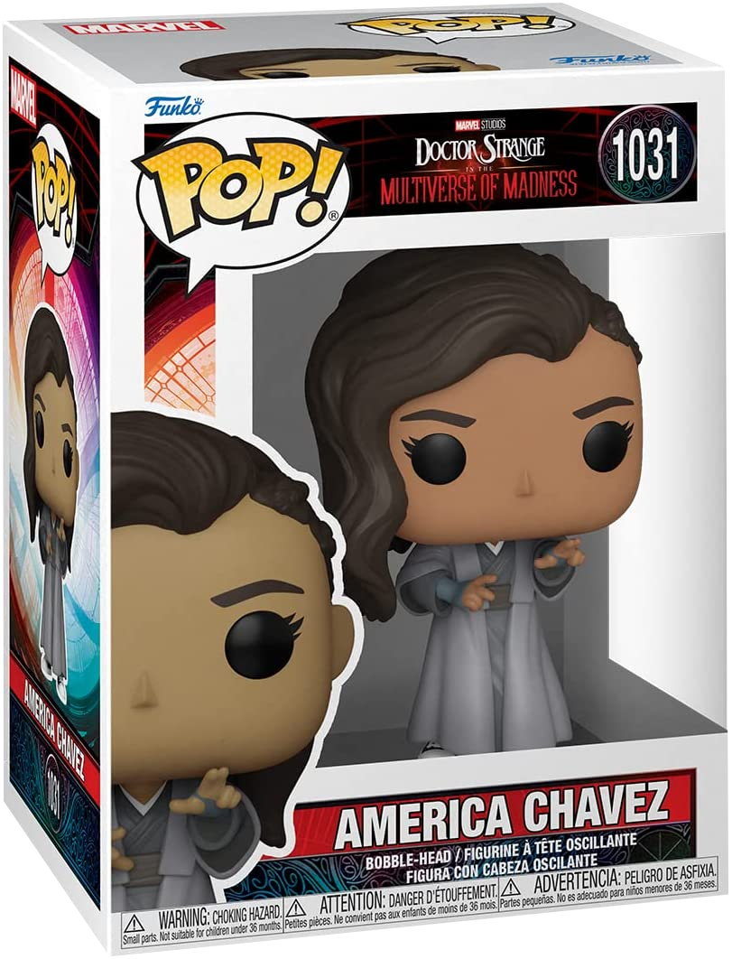 Caja Funko Pop de America Chavez. La caja muestra la figura y los detalles del personaje. Fondo blanco.