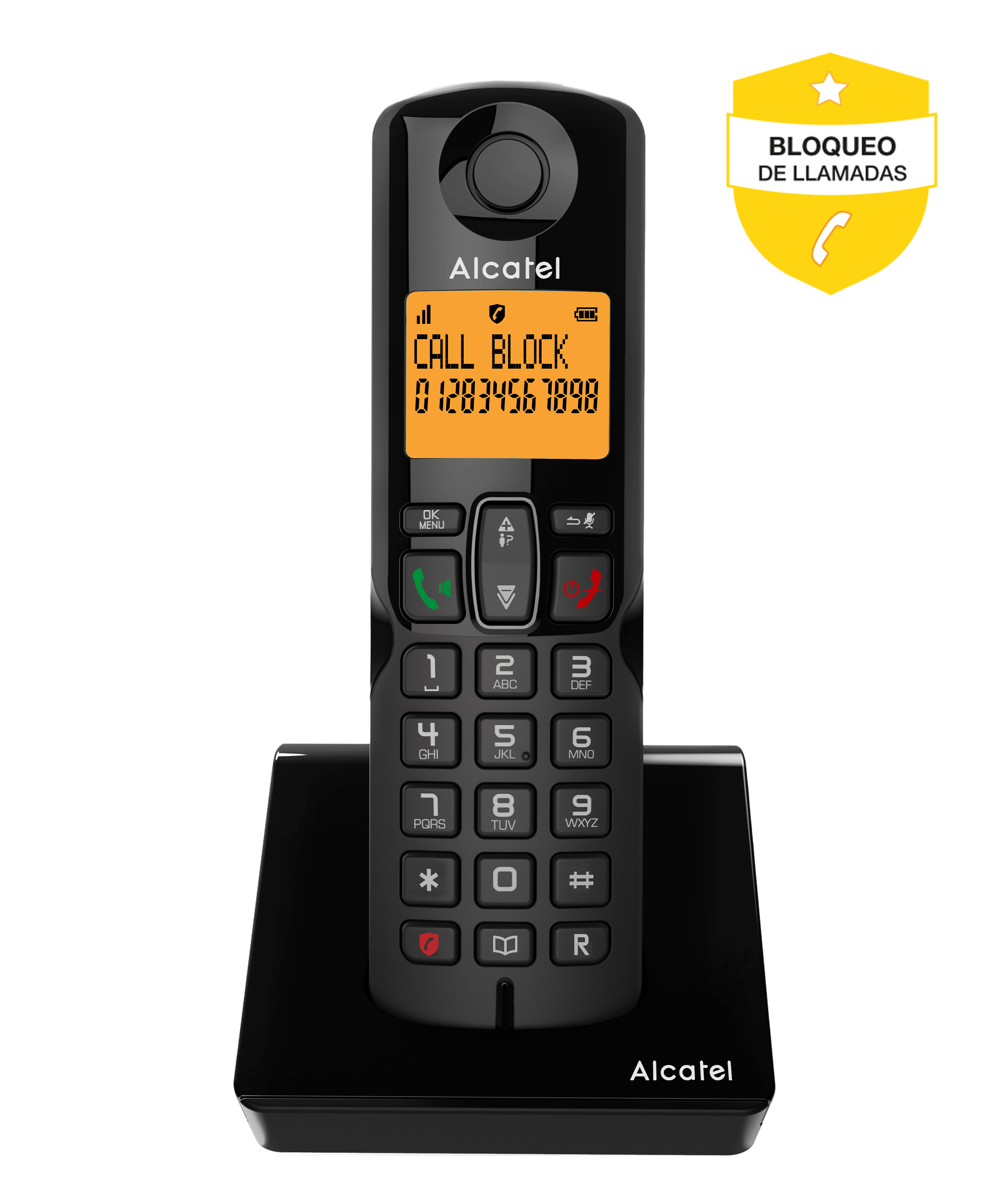 Teléfono inalámbrico Alcatel negro en una base de carga. La pantalla muestra un número de teléfono.