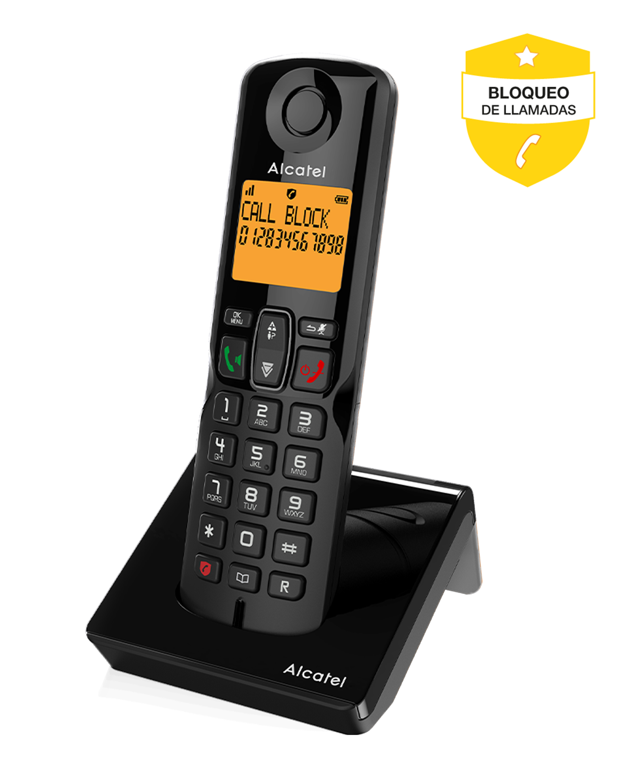 Teléfono inalámbrico Alcatel negro en su base. Pantalla muestra número bloqueado. Icono de bloqueo de llamadas.
