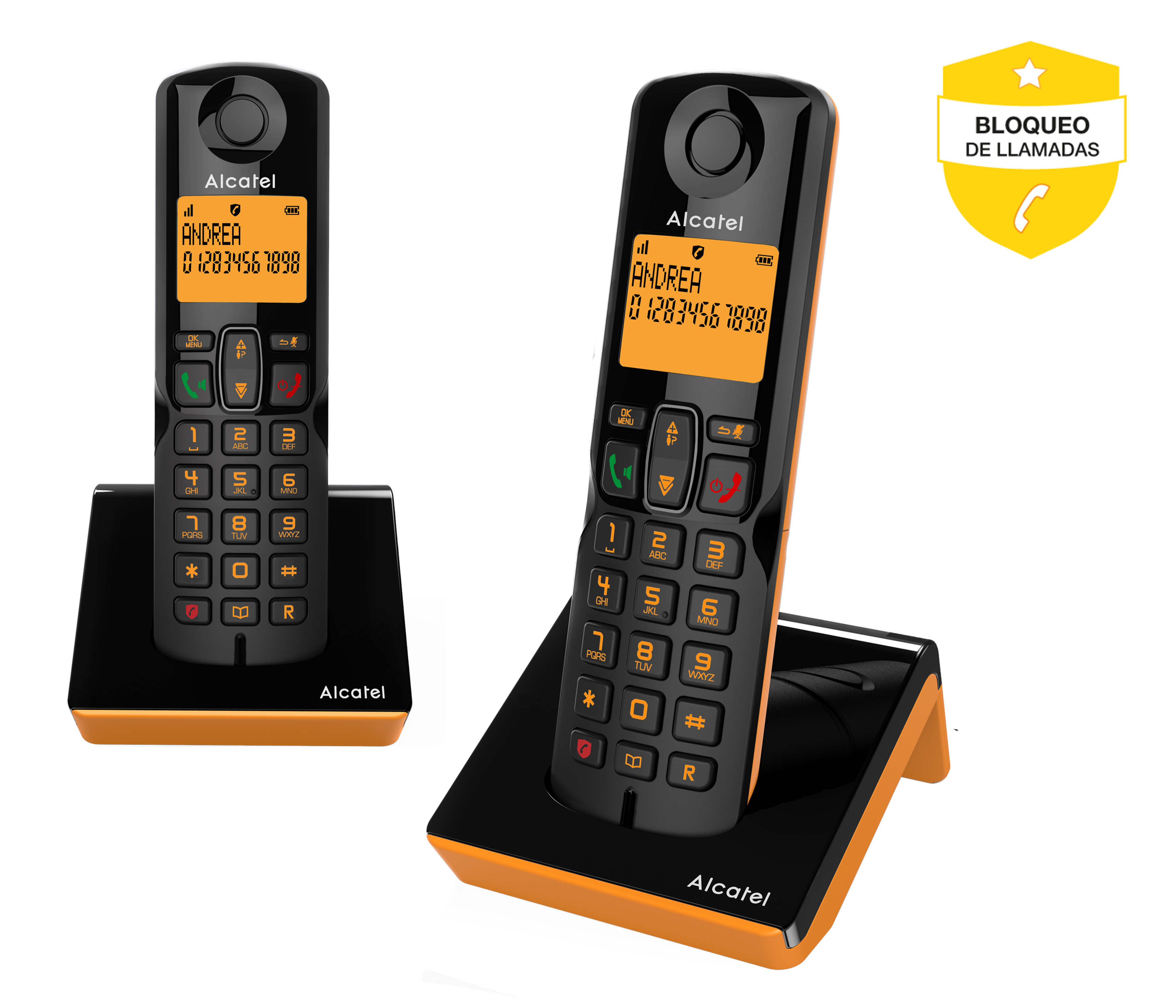 Dos teléfonos Alcatel negros con bases naranjas, mostrando información en sus pantallas.
