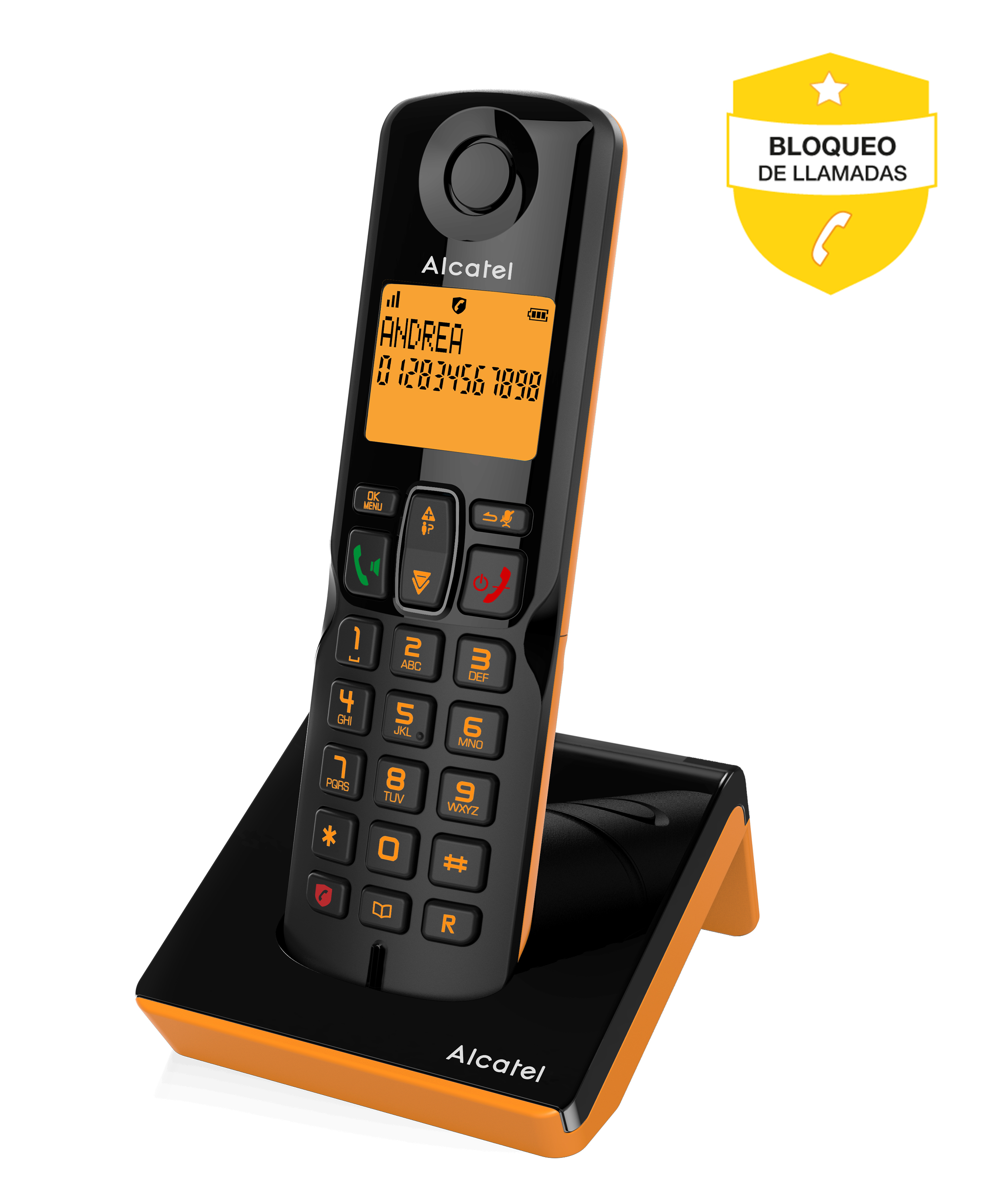 Un teléfono inalámbrico Alcatel en su base, con un diseño naranja y negro y una etiqueta de bloqueo de llamadas.