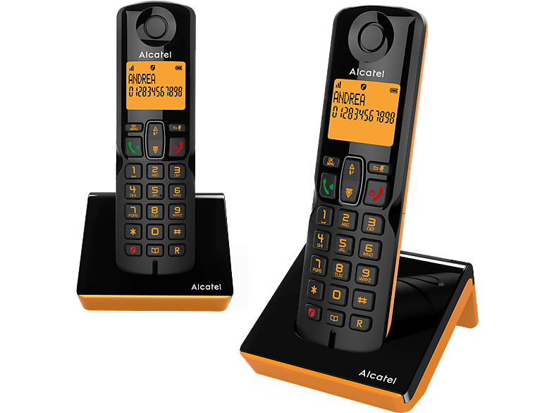 Teléfono  Alcatel S280 Duo, Inalámbrico, Bloqueo de llamadas, Agenda para 50  contactos, Manos libres, Negro y Naranja