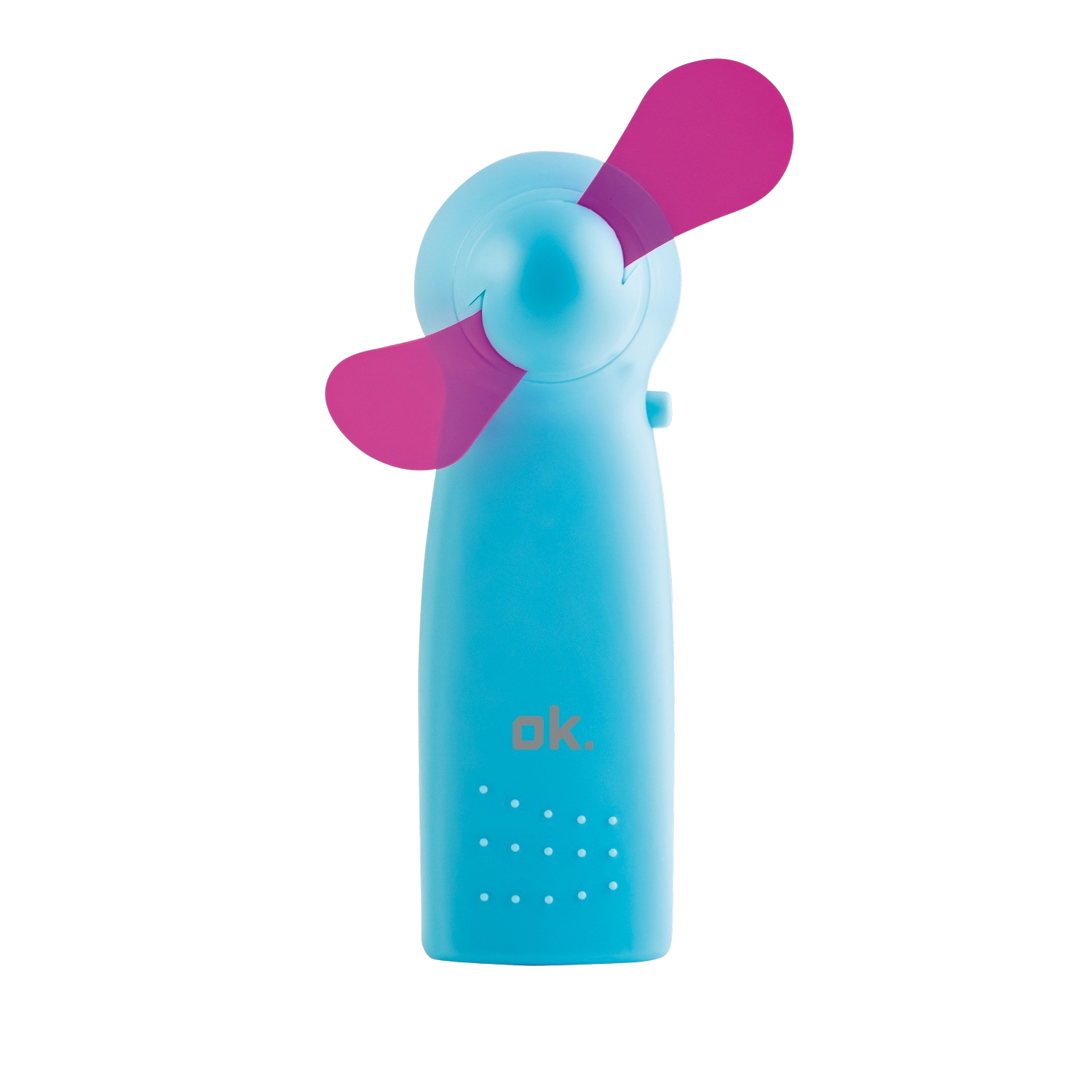 Blue handheld fan with pink blades against a black background.