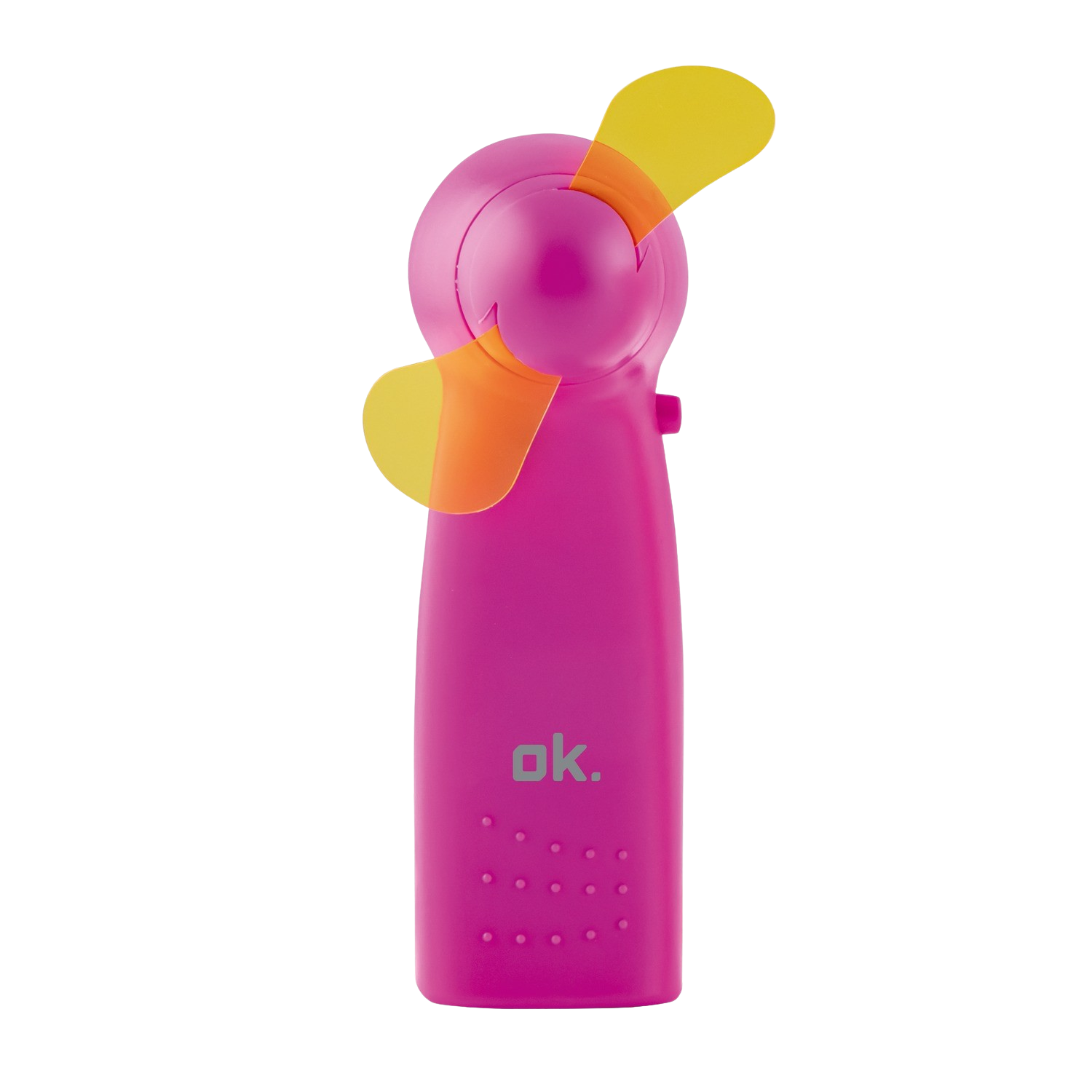 Pink handheld fan with orange and yellow blades, black background.