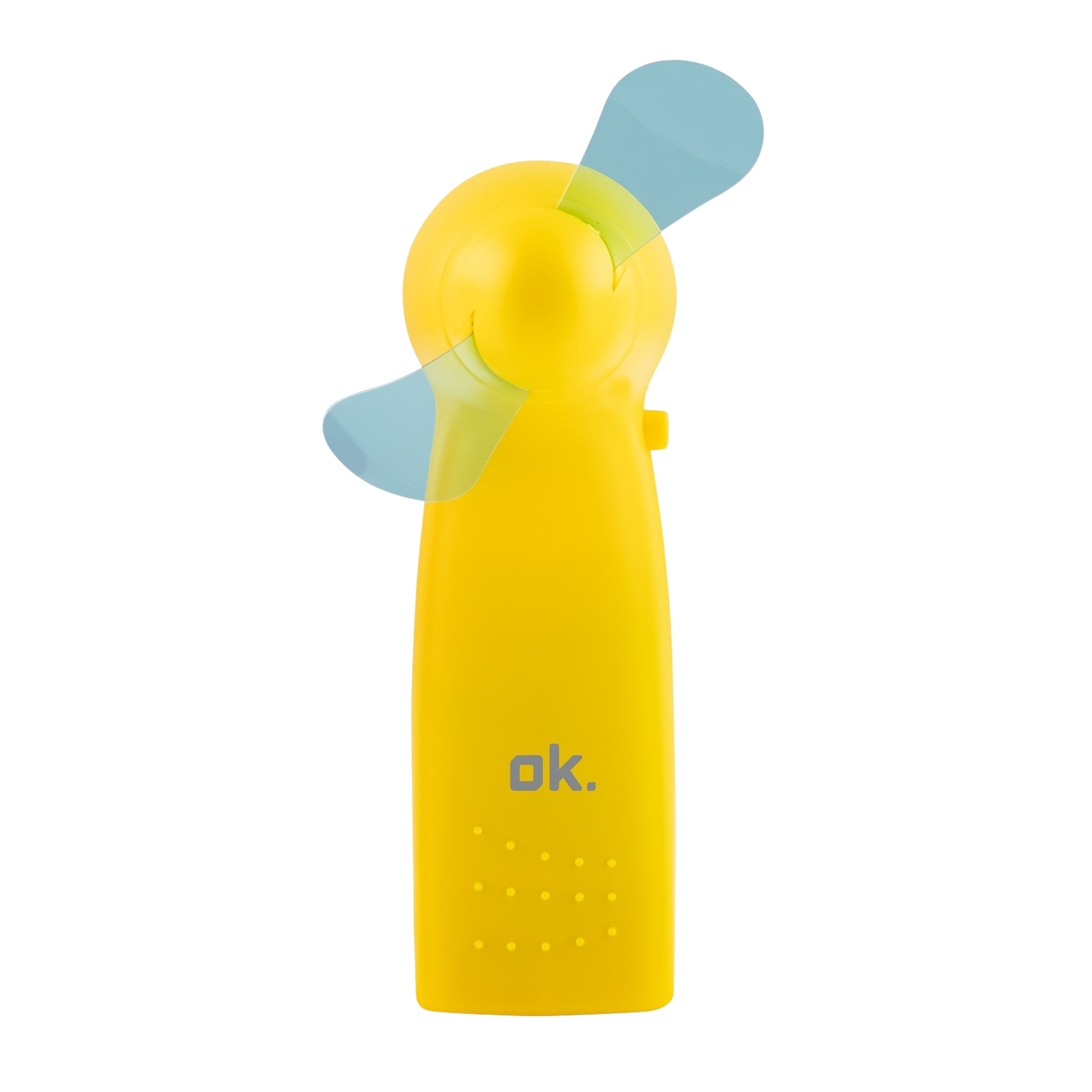 Yellow handheld fan with blue blades on a black background.