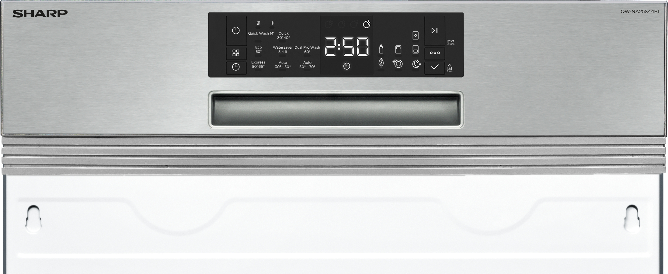 Ein metallisches Sharp-Gerät mit digitaler Anzeige, das die Zeit und Einstellungen anzeigt.