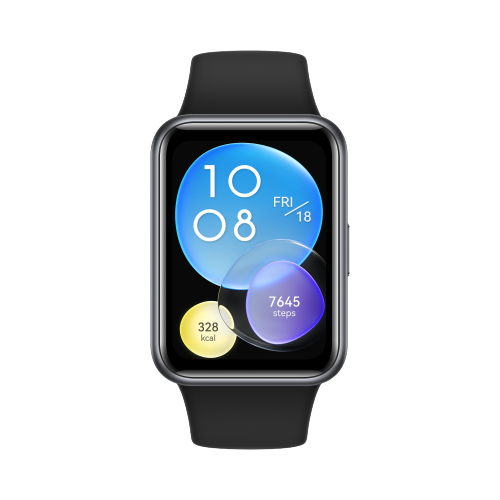 Schwarze Smartwatch zeigt Zeit, Datum, Schritte und Kalorien auf schwarzem Grund.