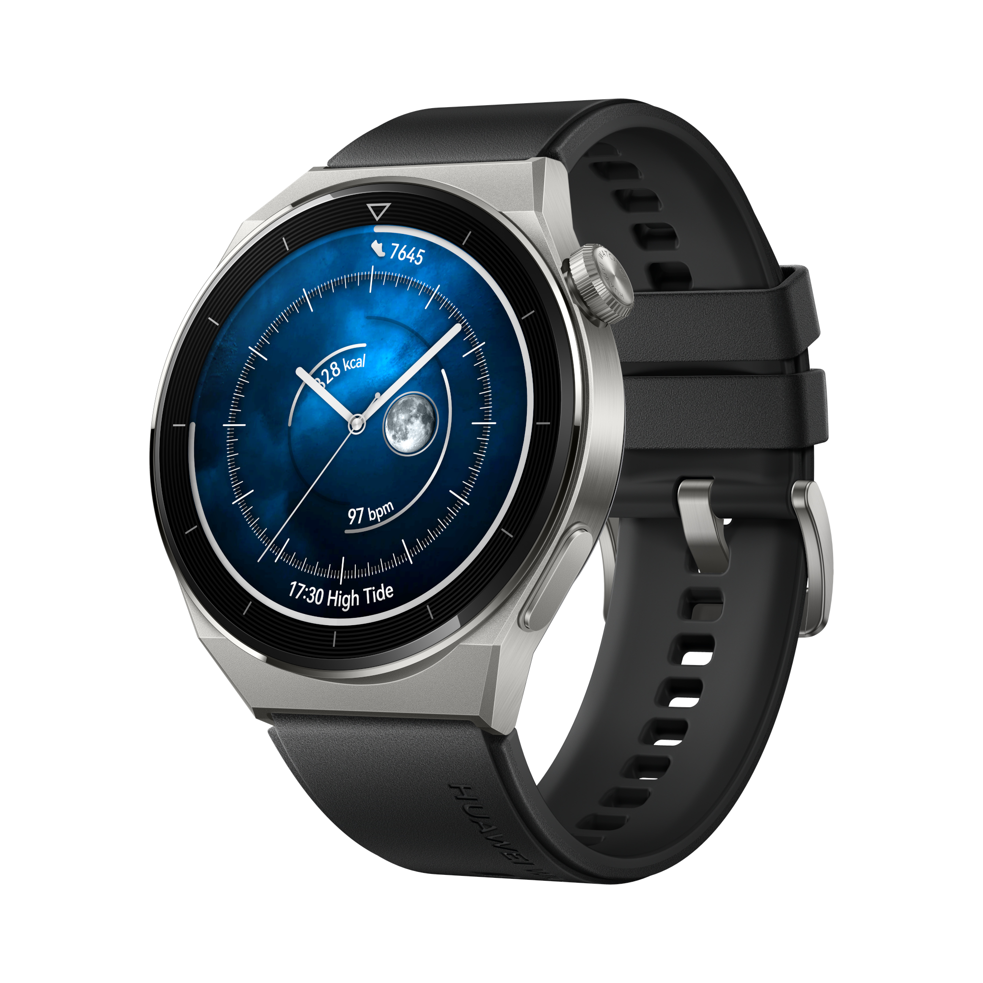 Eine Smartwatch mit schwarzem Armband. Das Zifferblatt ist blau und zeigt Zeit, Gesundheitsdaten und einen Mond.
