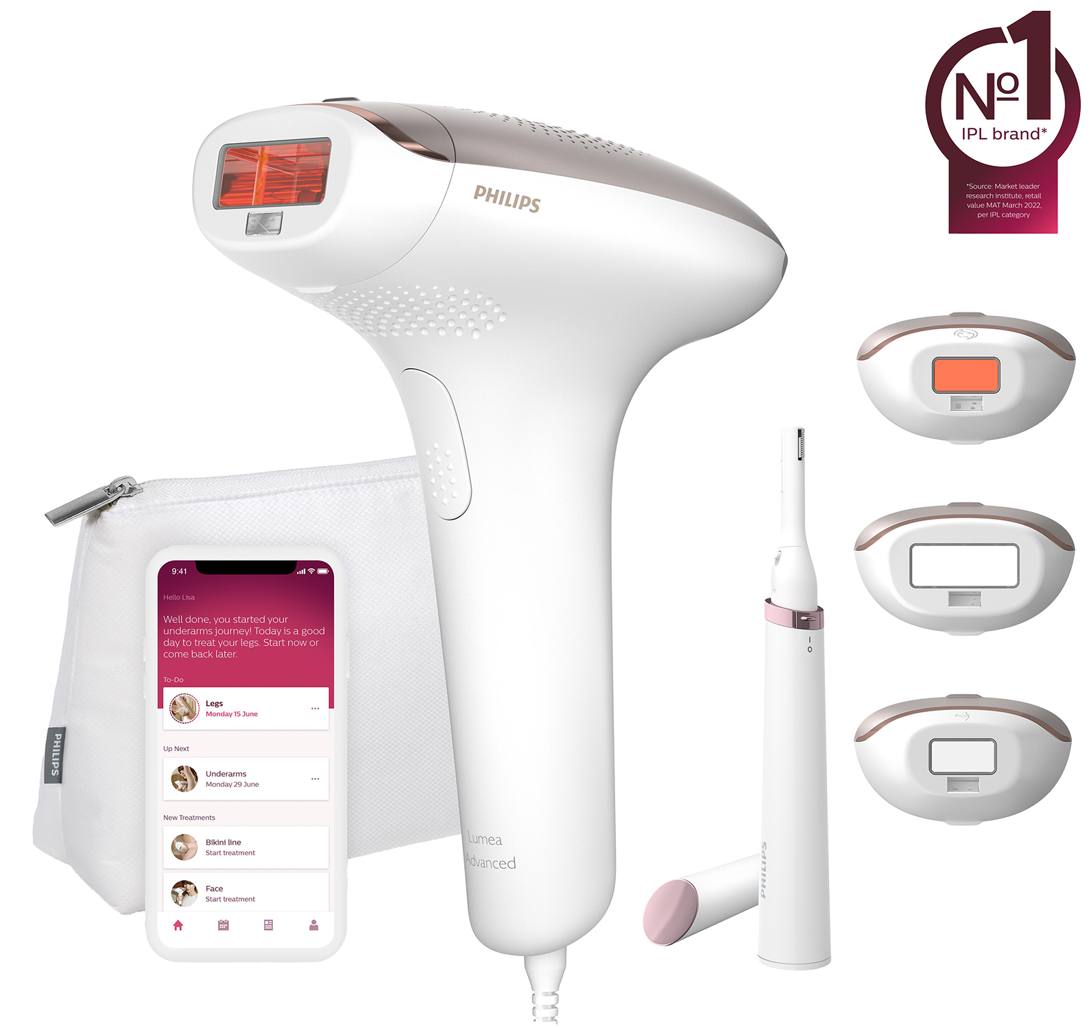 A white and grey hair removal device. It has a charging stand and a bag with a phone.