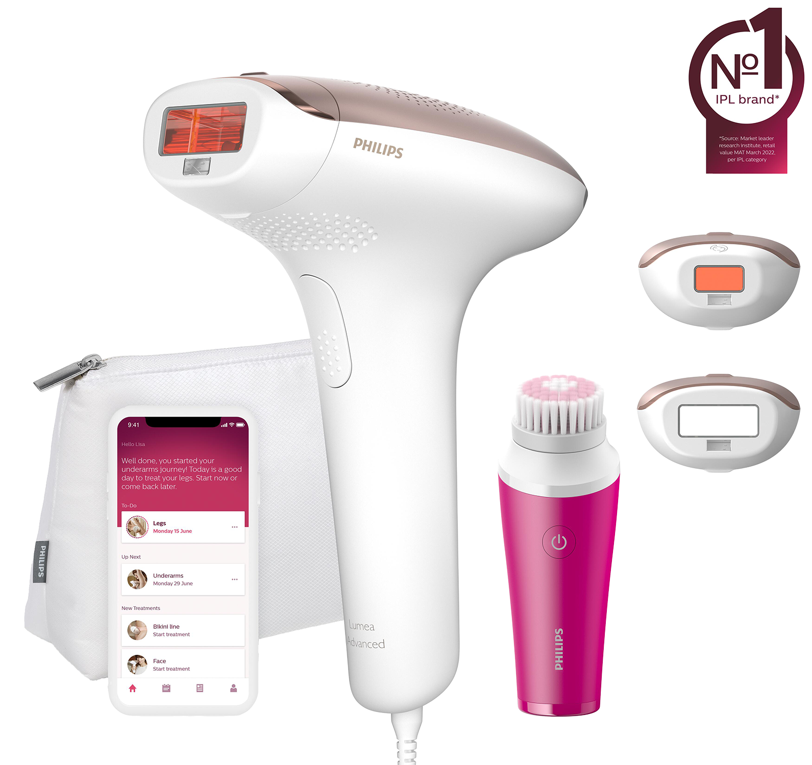 Philips Lumea device with accessories and app on a phone. White and pink colors.