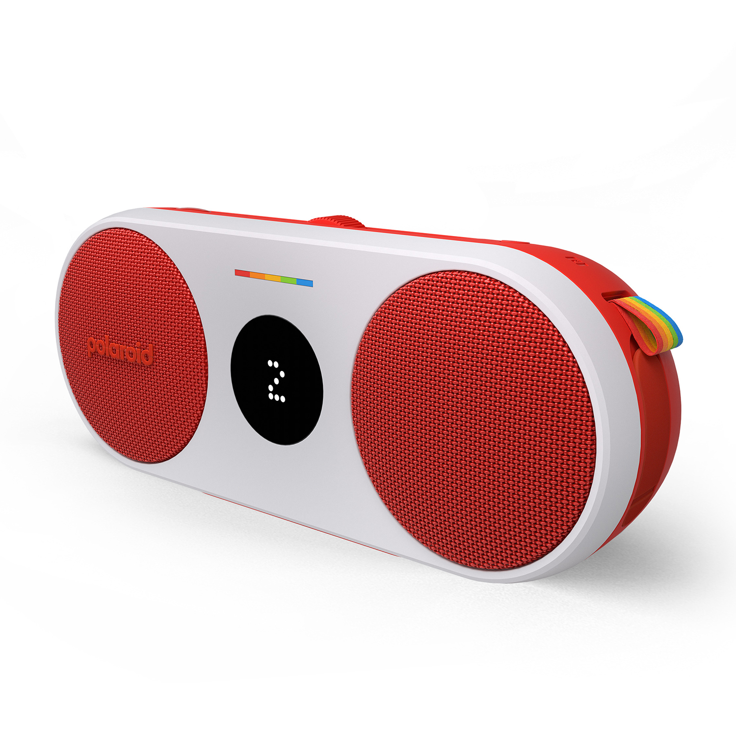 Un altoparlante Polaroid rosso e bianco con cinturino arcobaleno e display digitale.