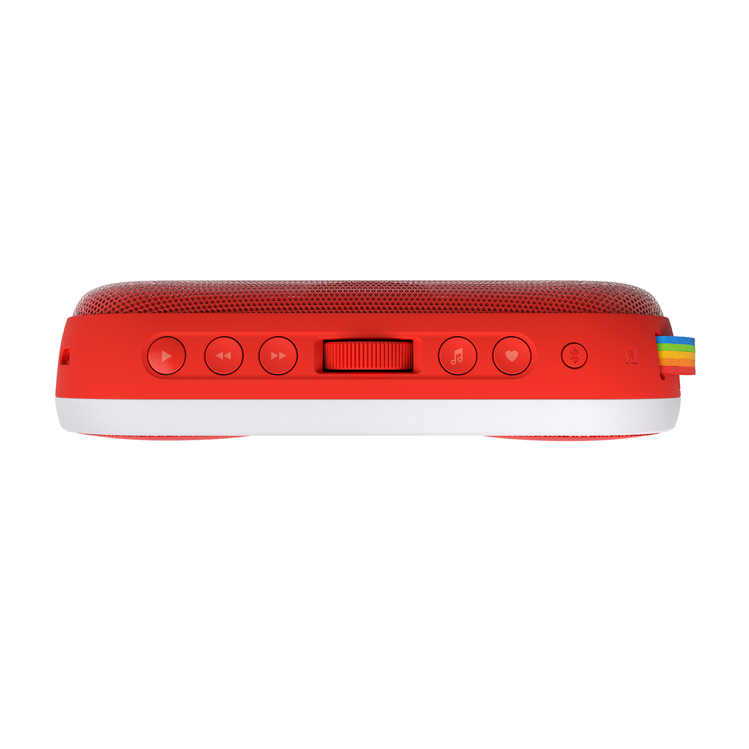 Altoparlante rettangolare rosso e bianco con pulsanti di controllo sulla parte superiore e un'etichetta arcobaleno.