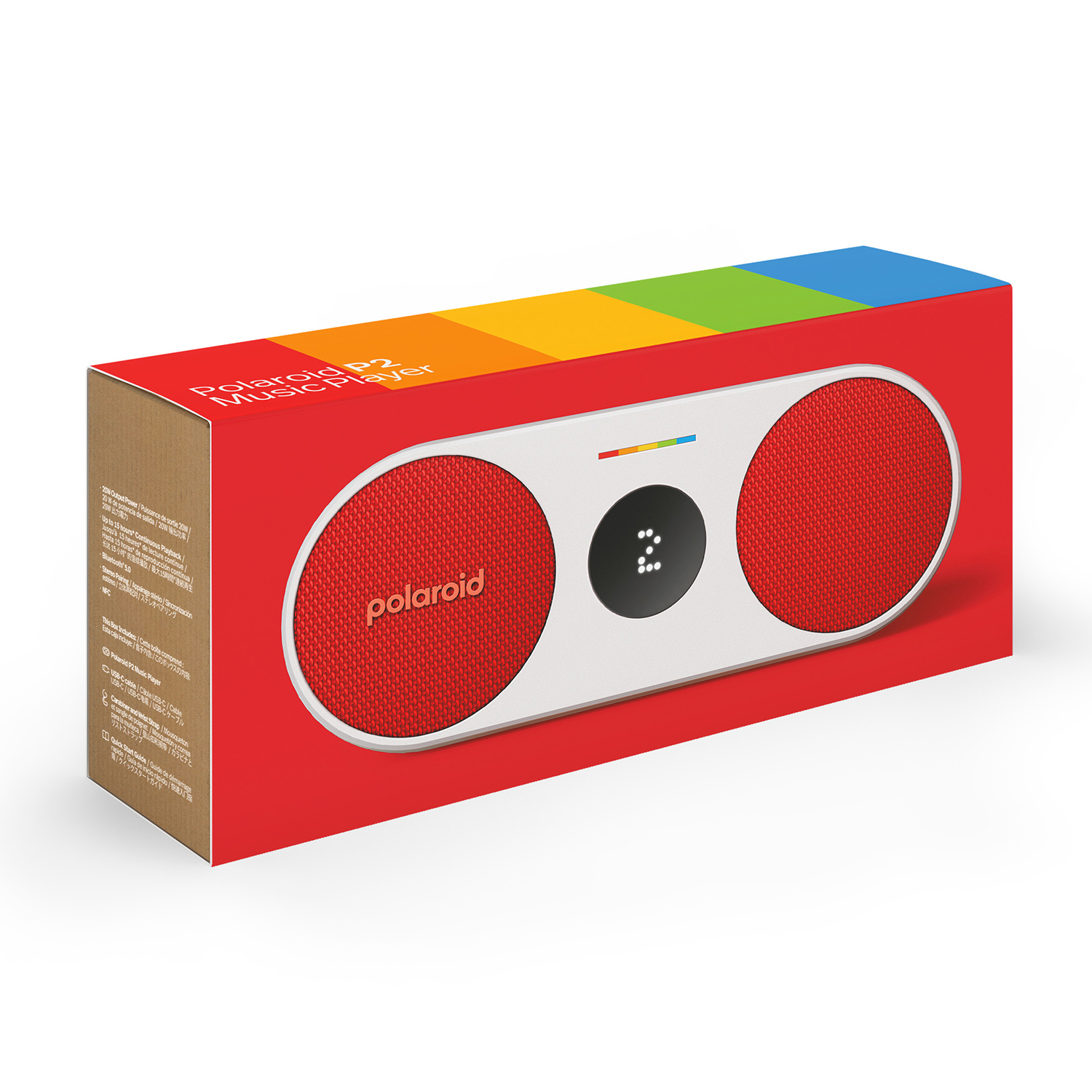 Lettore musicale Polaroid P2 in una scatola rossa e bianca. La scatola è su una superficie bianca.