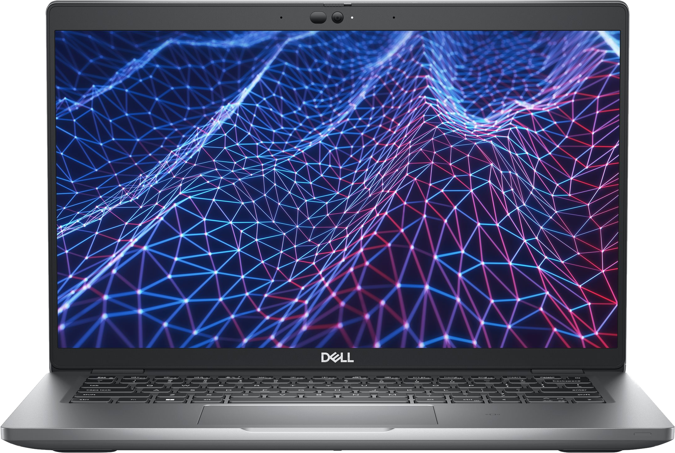 Dell Laptop auf schwarzem Hintergrund. Der Bildschirm zeigt ein Netzwerk aus blauen und roten Linien.