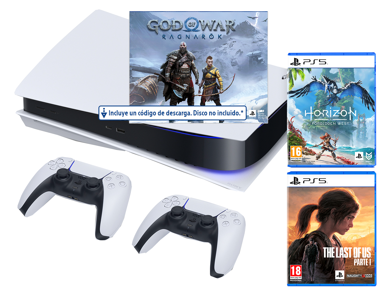 Una consola PS5, dos mandos y tres carátulas de juegos: God of War, Horizon y The Last of Us.