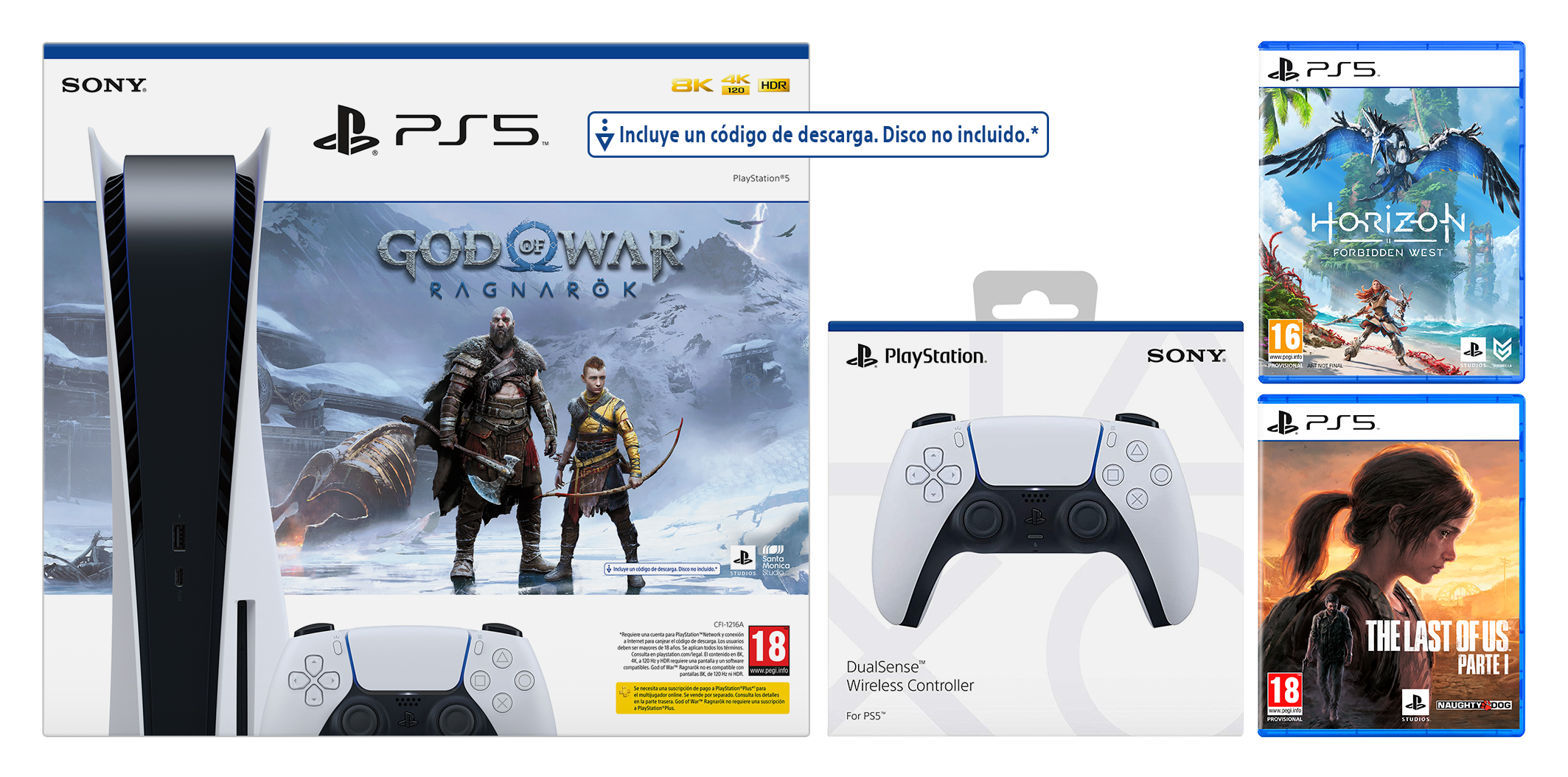 Una consola PlayStation 5 con juegos y un mando se muestra sobre un fondo blanco.