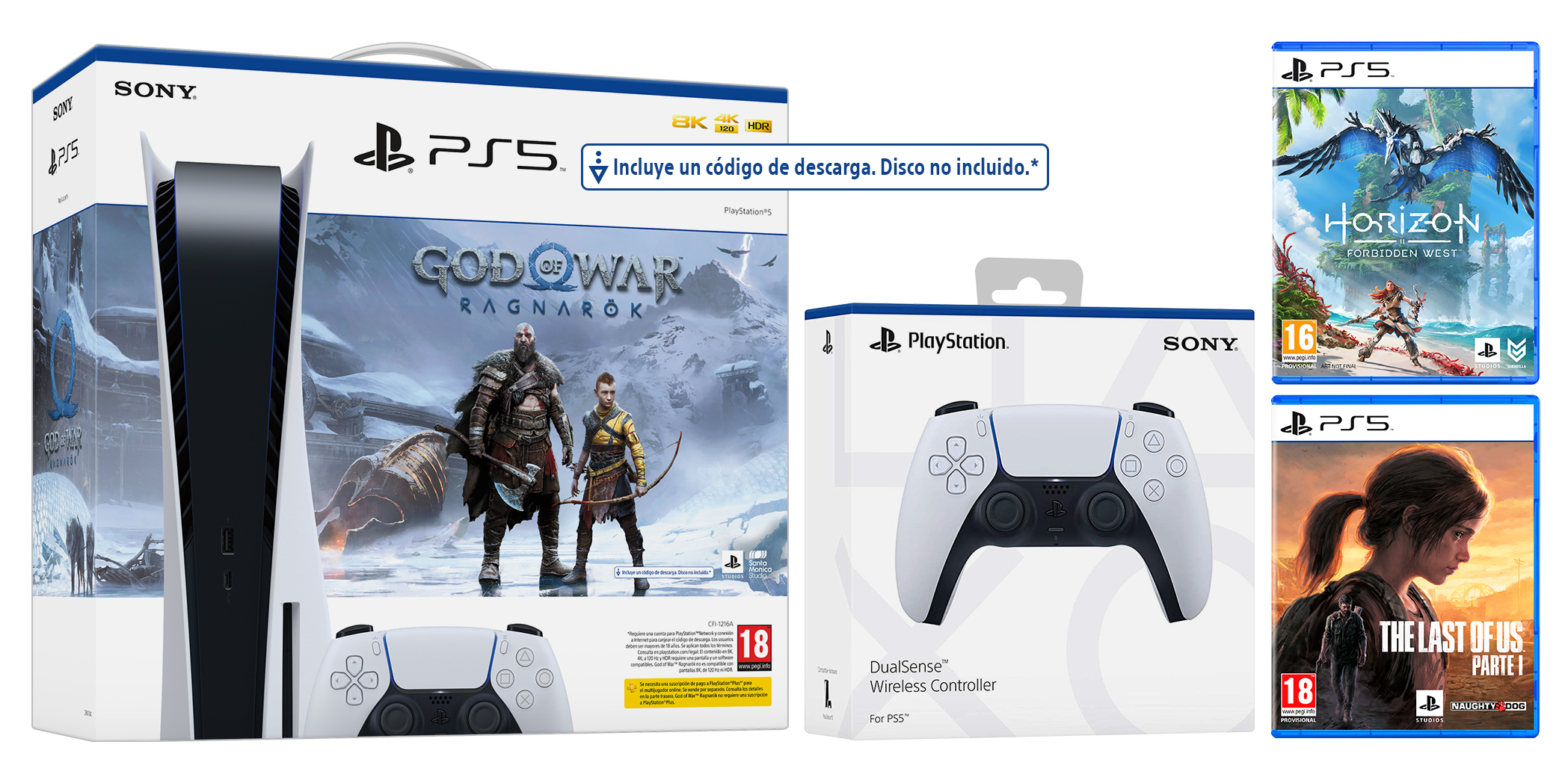 Consola PS5, carcasas de juegos y un mando. Fondo blanco.
