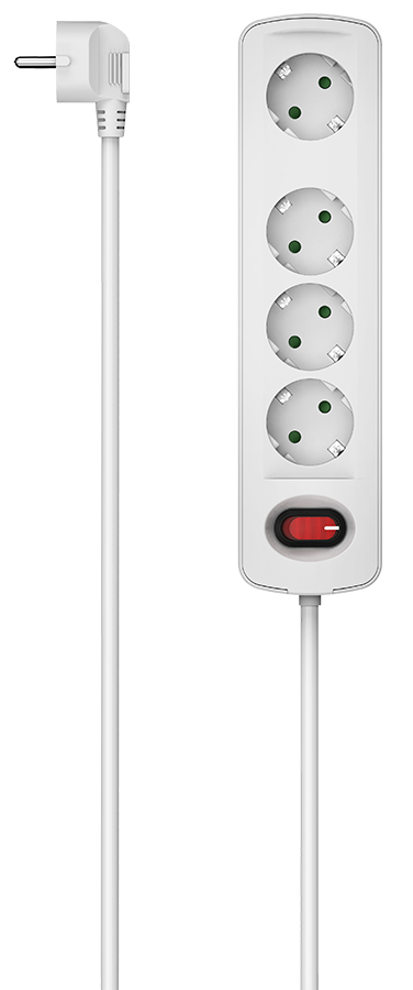 Een witte stekkerdoos met vier stopcontacten, een rode schakelaar en een witte kabel met een haakse stekker.