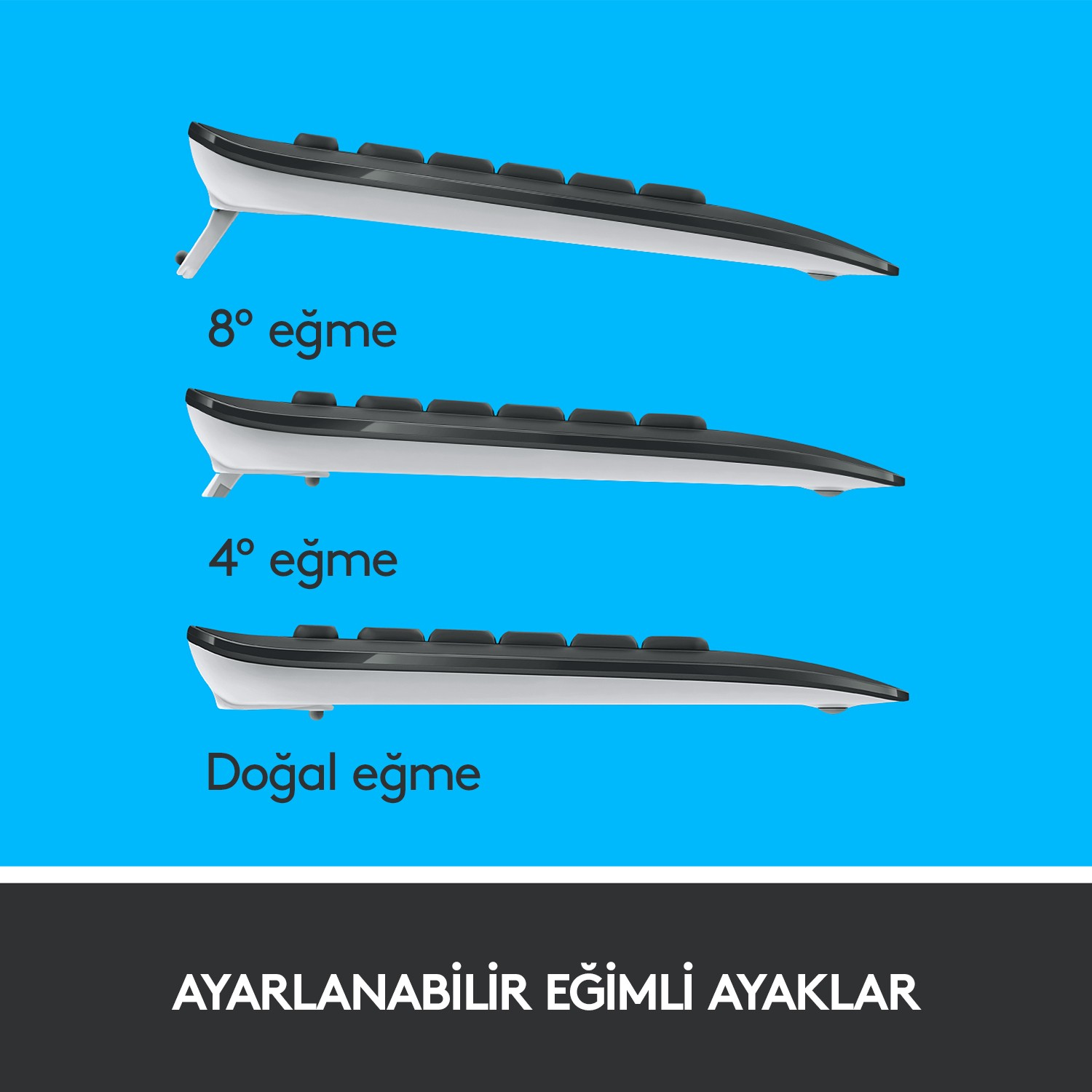 Farklı açılarda üç klavye. Her birinin farklı bir eğim derecesi var.