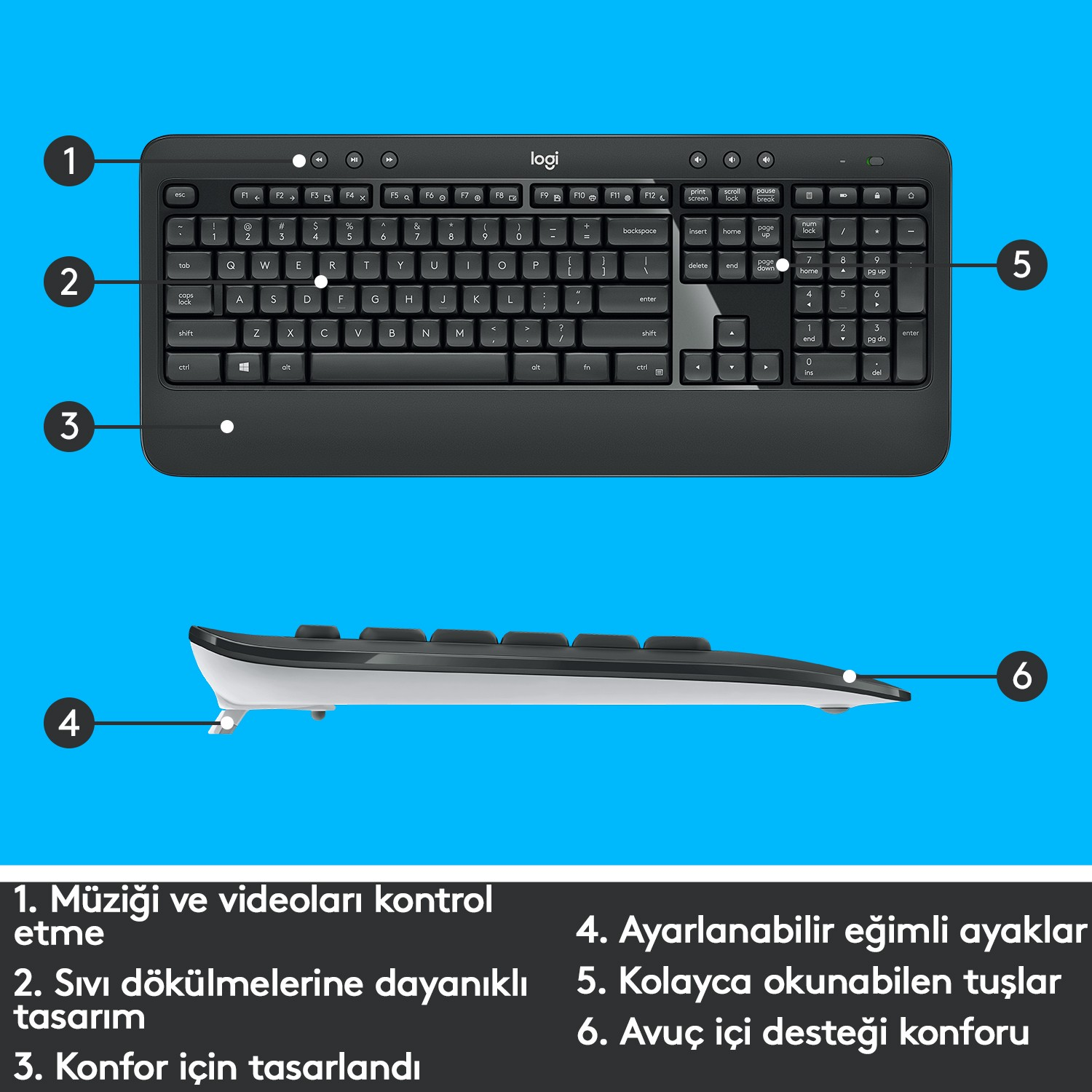 Sayı tuşları, fonksiyon tuşları ve bilek desteği olan siyah klavye, Türkçe etiketli.