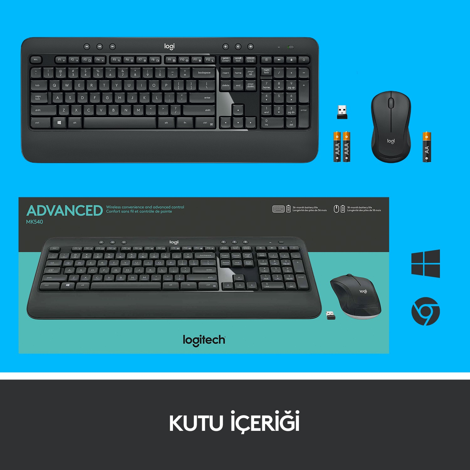 Siyah bir Logitech kablosuz klavye ve fare kutusuyla birlikte gösteriliyor. Set gelişmiş kullanım içindir.
