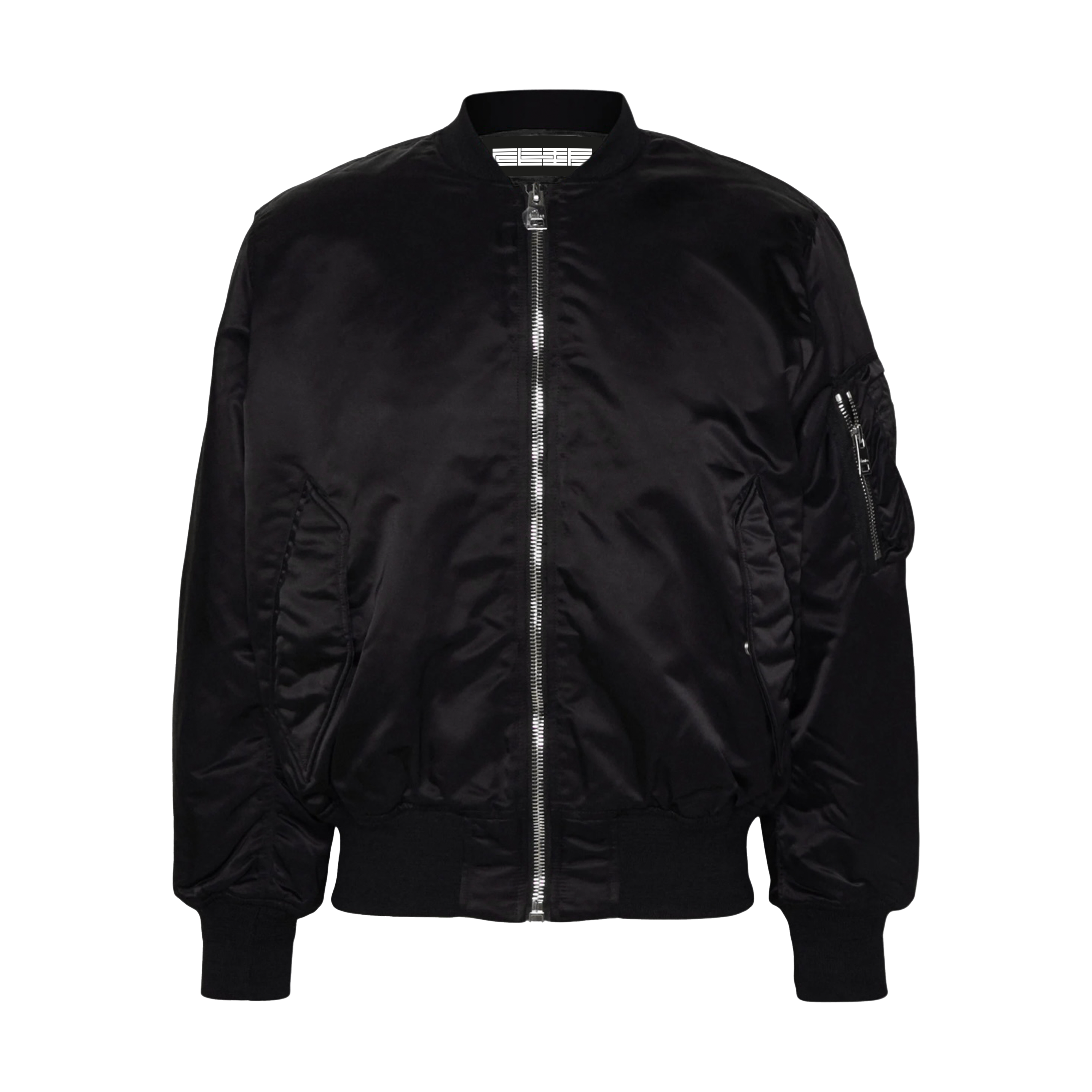 Schwarze Bomberjacke mit Reißverschluss und Taschen. Die Jacke hat einen gerippten Kragen und Bündchen.