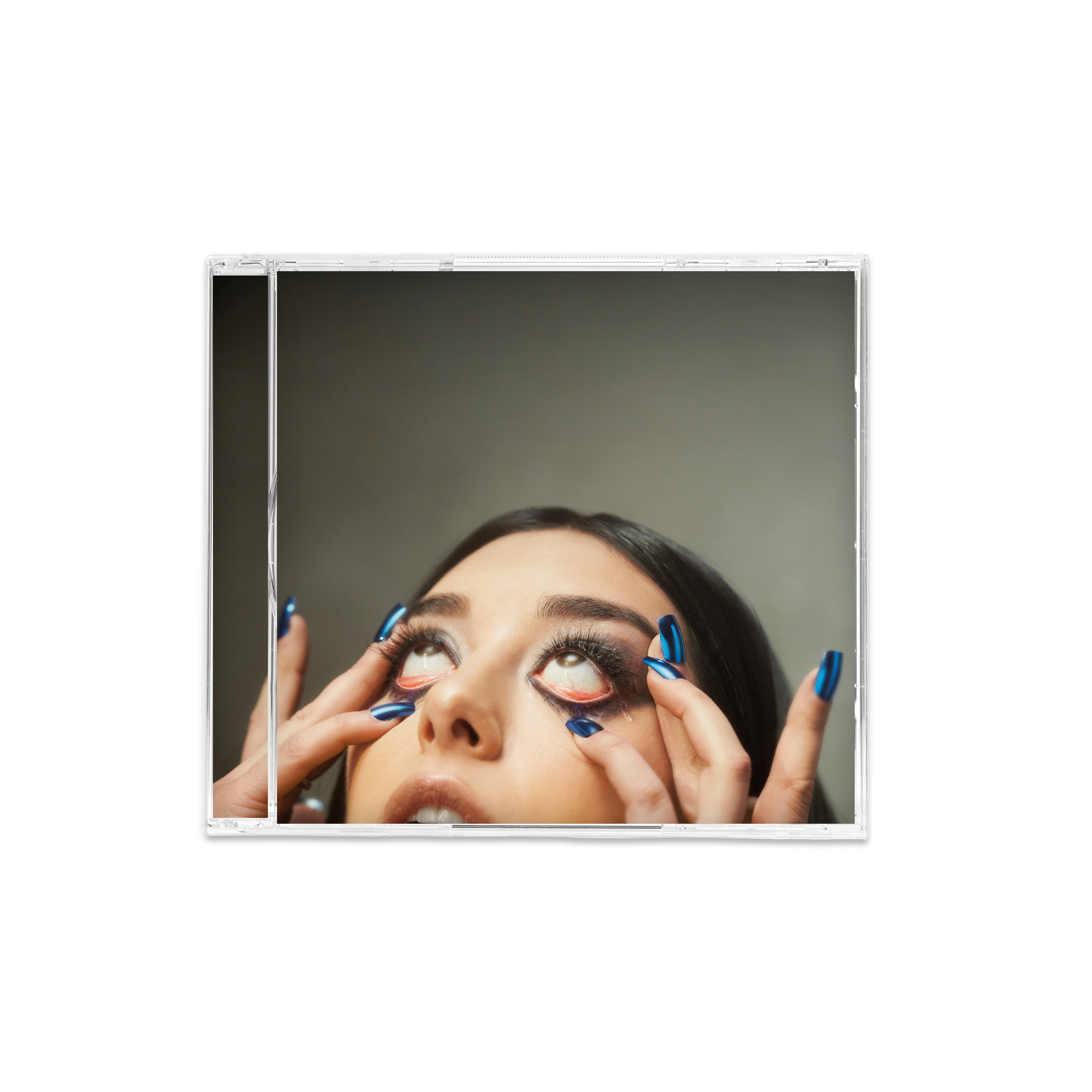 Ein CD-Cover mit einer Frau, die nach oben schaut, Augen geschlossen, mit blauem und rotem Make-up.