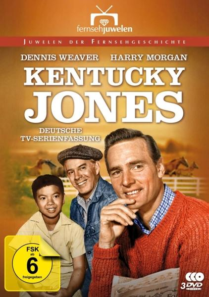 DVD-Cover für die Fernsehserie Kentucky Jones. Drei Personen sind auf dem Cover mit Pferden im Hintergrund.