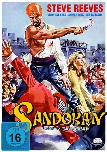 Filmposter: Mann mit Turban und Schwert über Menge, Frau blickt auf. Titel: Sandokan.