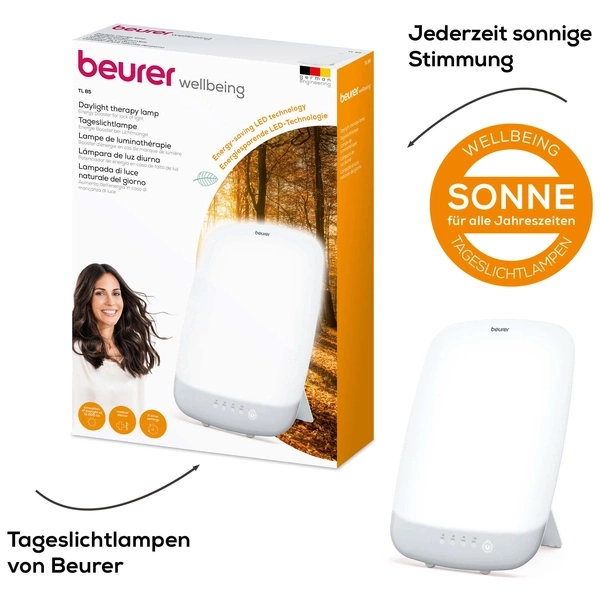 Tageslichttherapielampe mit Box und dem Gesicht einer Frau im Hintergrund.