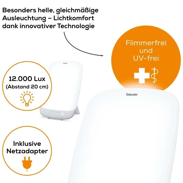 Weiße Lichttherapielampe mit Text und Symbolen auf weißem Hintergrund. Lampe ist an.