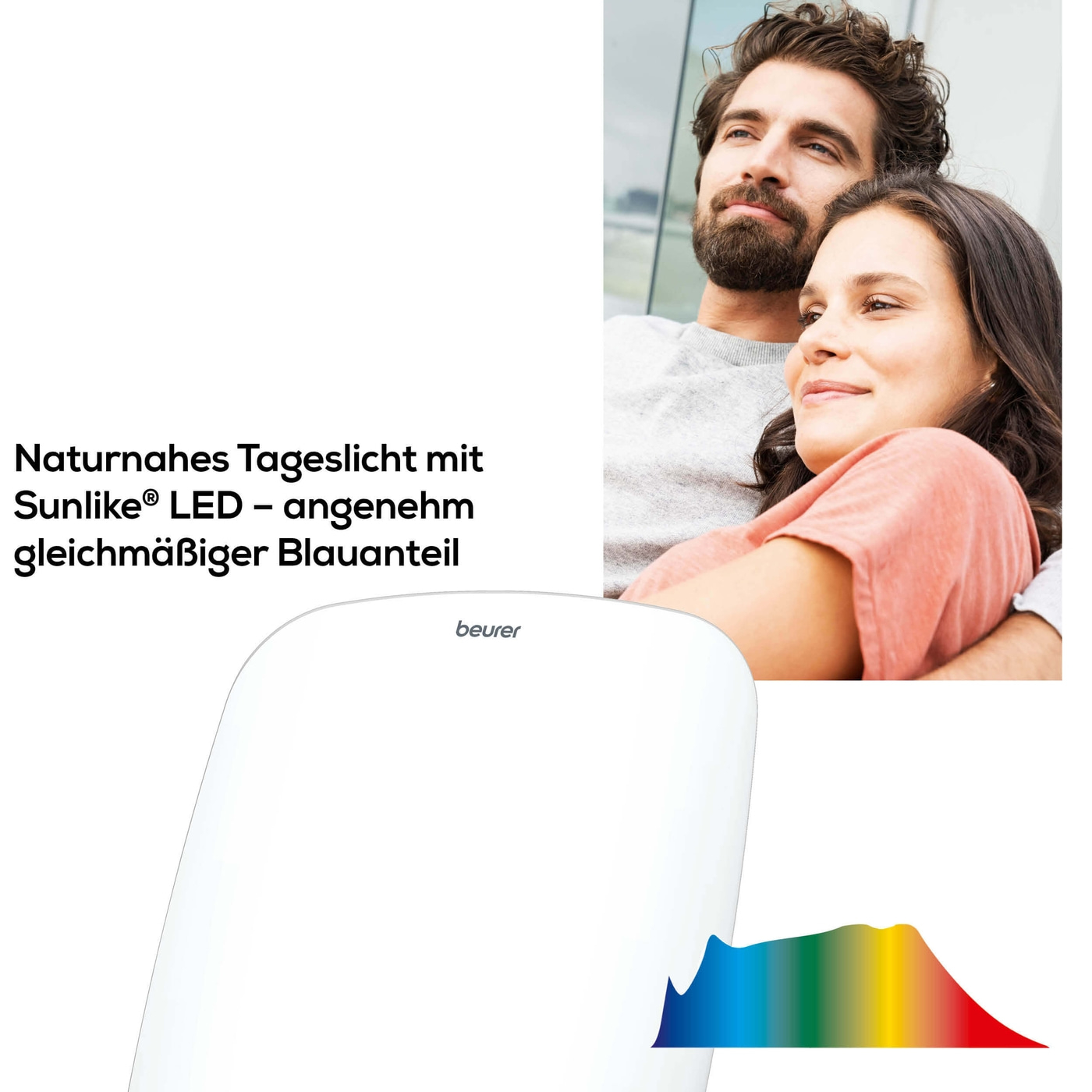 Una coppia guarda fuori dalla finestra, con una lampada per la terapia della luce in primo piano.