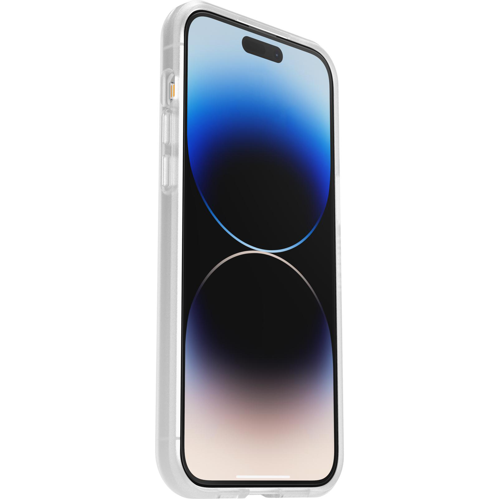 Transparente Handyhülle auf einem Handy, schräge Ansicht. Das Handy zeigt einen blau-weißen Farbverlauf.