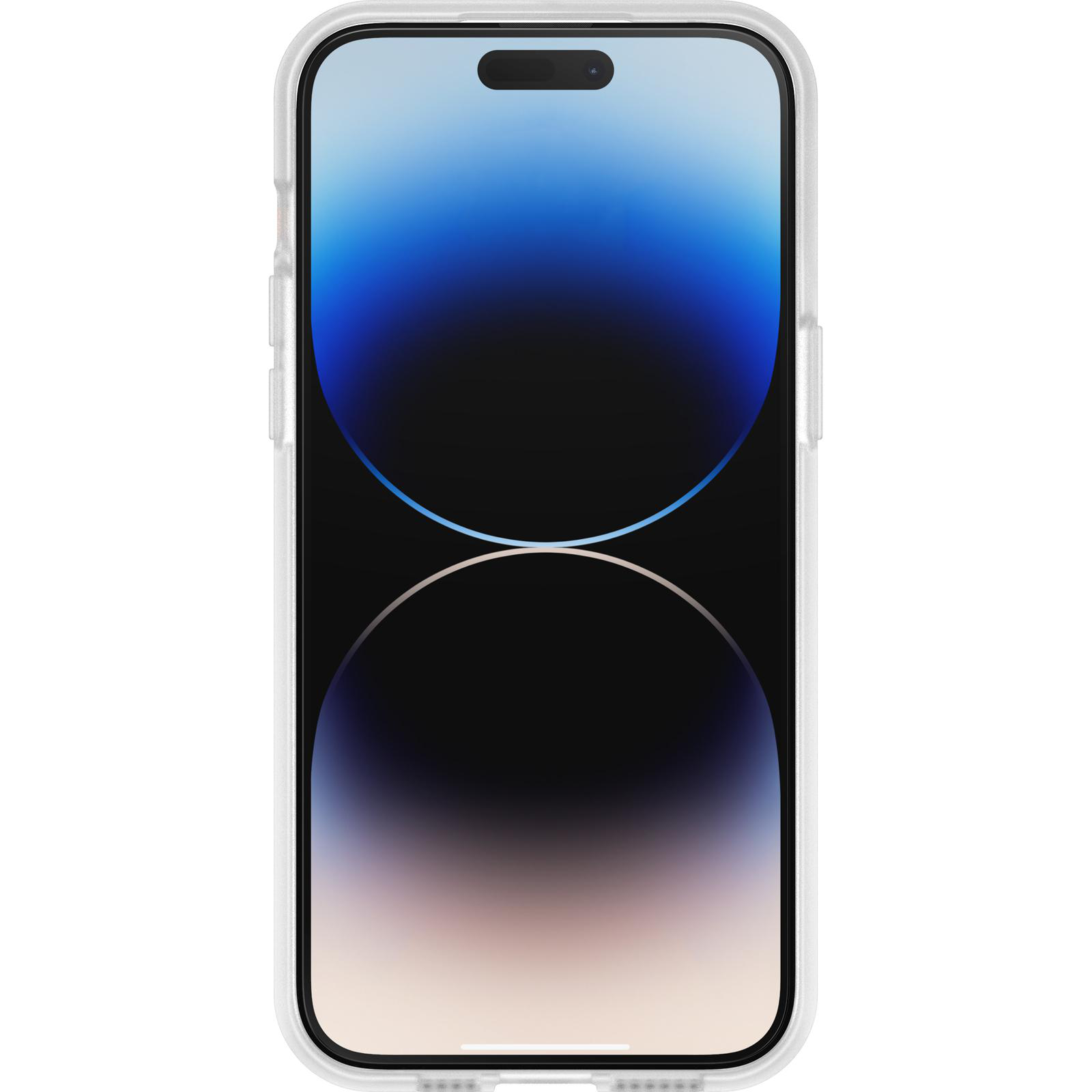 Ein weißes iPhone in einer transparenten Hülle, der Bildschirm zeigt einen Gradienten aus Blau und Schwarz.