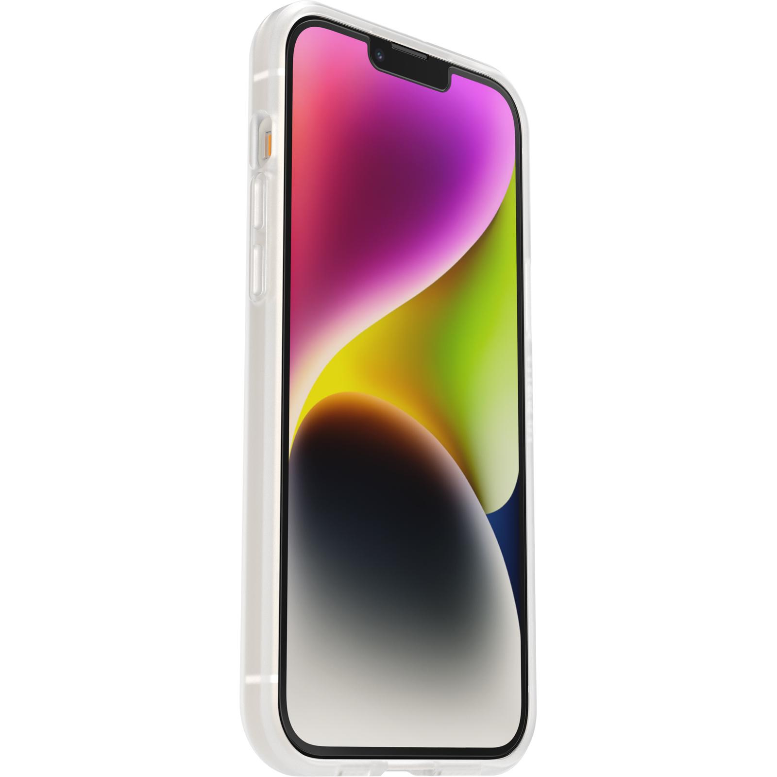 iPhone in einer durchsichtigen Hülle, Seitenansicht. Das Telefon hat einen Bildschirm mit bunten Grafiken.