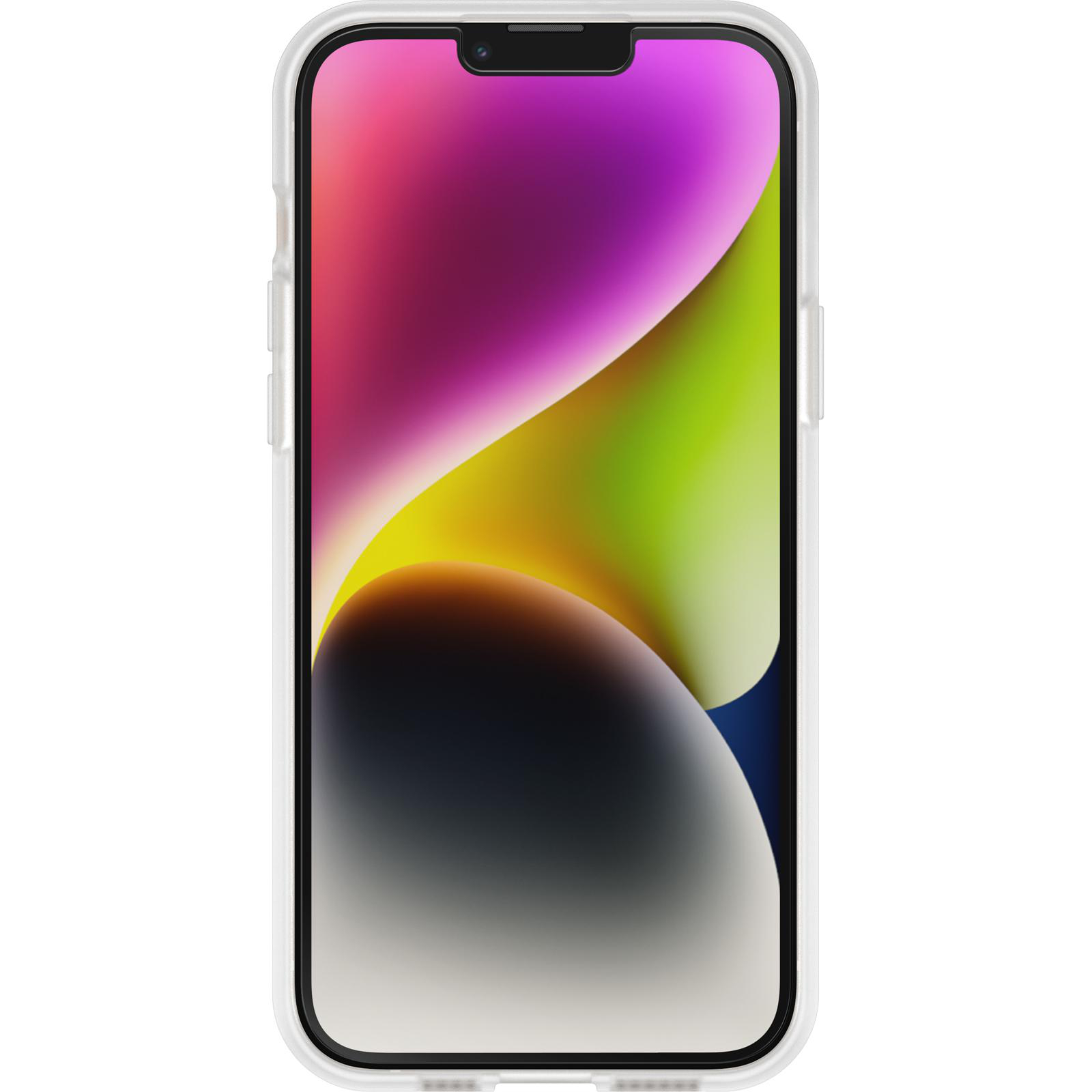 iPhone 14 Pro in einer transparenten Hülle, heller Bildschirm.