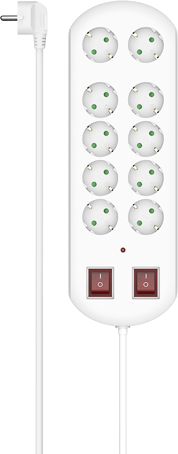 Witte stekkerdoos met meerdere stopcontacten en twee rode aan/uit-schakelaars. Heeft een witte stroomkabel.