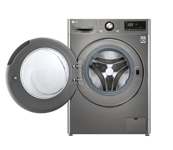 Kapısı açık, önden yüklemeli bir LG çamaşır makinesi.
