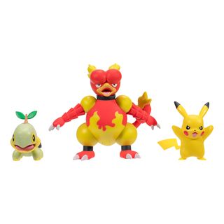JAZWARES Pokémon : Chelast, Pikachu #9, Magmar - lot de trois - Figurine de collection (Multicolore)