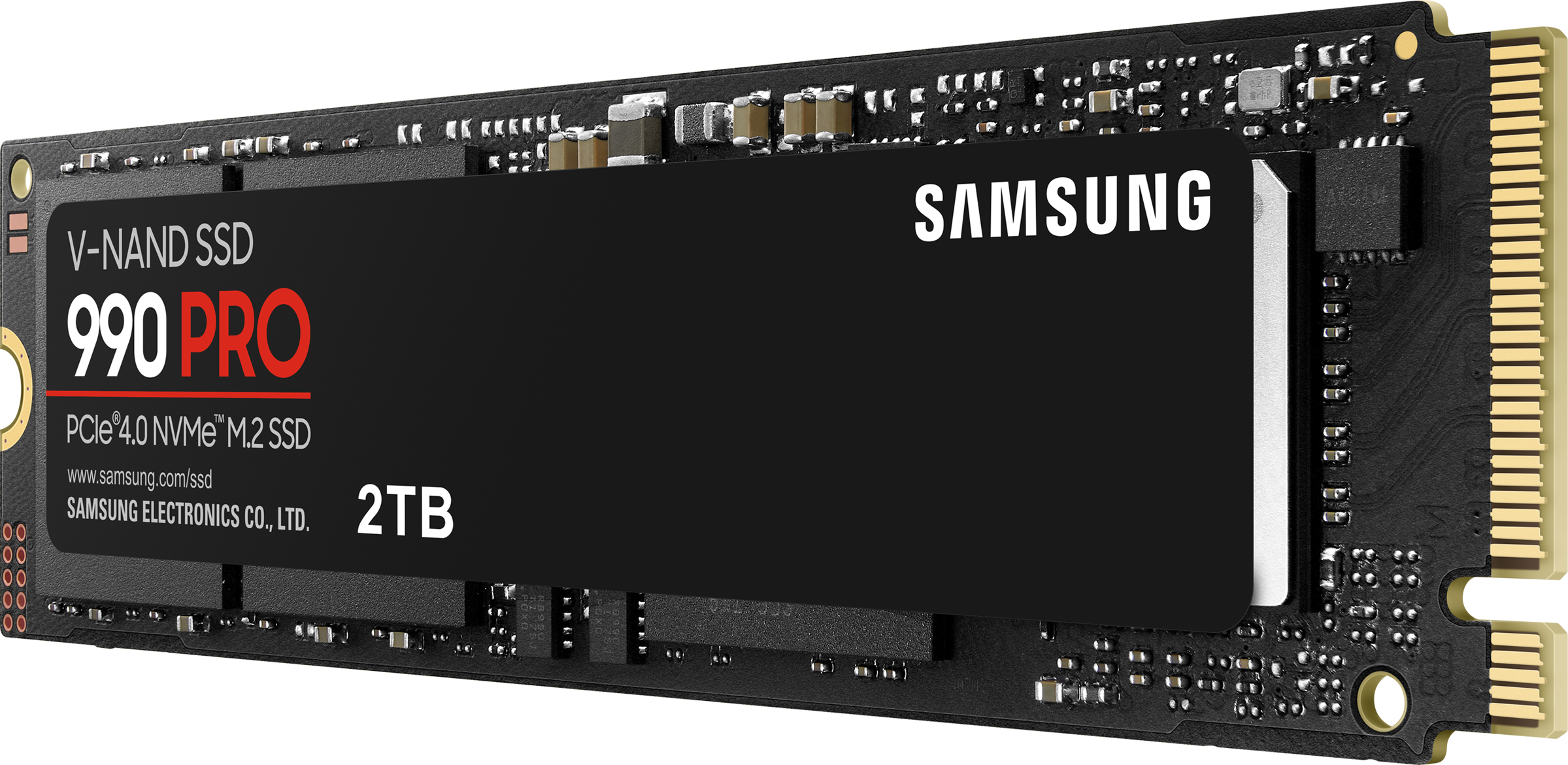 Schwarze Samsung 990 PRO SSD mit der Aufschrift '2TB' und 'V-NAND SSD'.